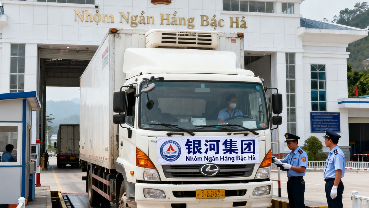 中越边境友谊关口岸，银河集团冷链货车正在通过海关检验，车头悬挂中越双语标识